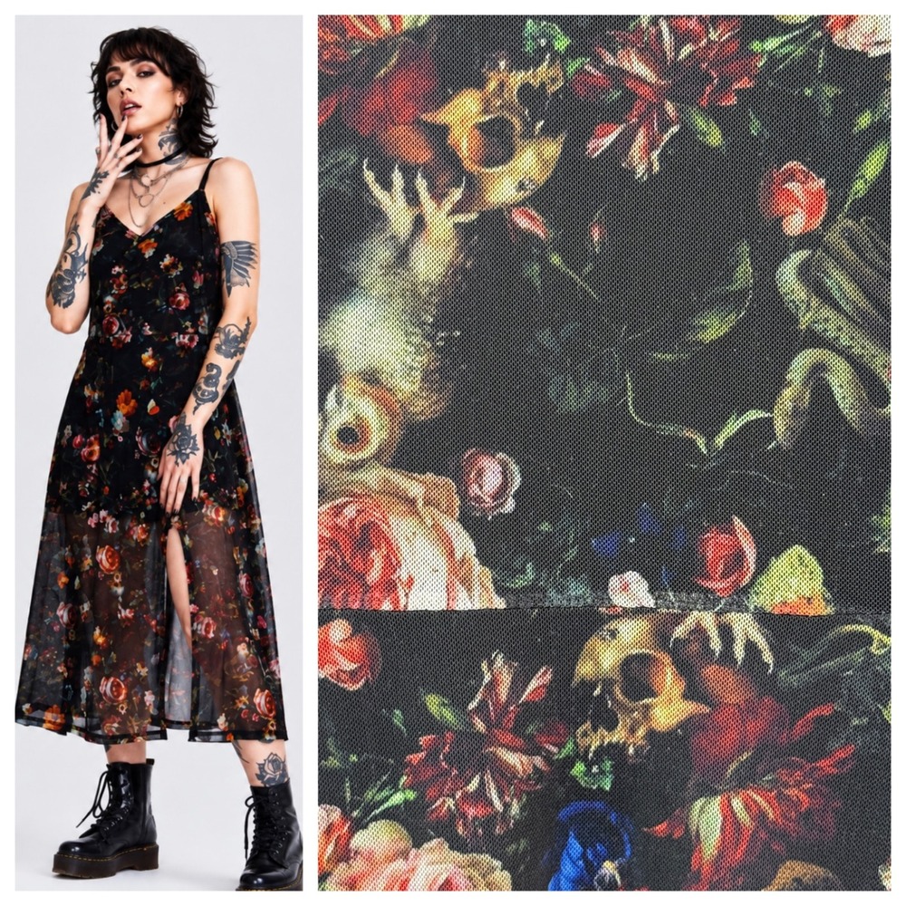 Jawbreaker Night Garden 90s Mesh Slip Dress XXL Black Floral Skull Snake Goth